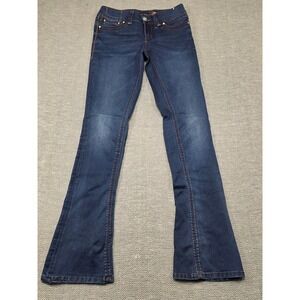 Seven7 Rocker Slim Flare Jeans Dark Wash Contrast Stitch Rhinestone Size 27